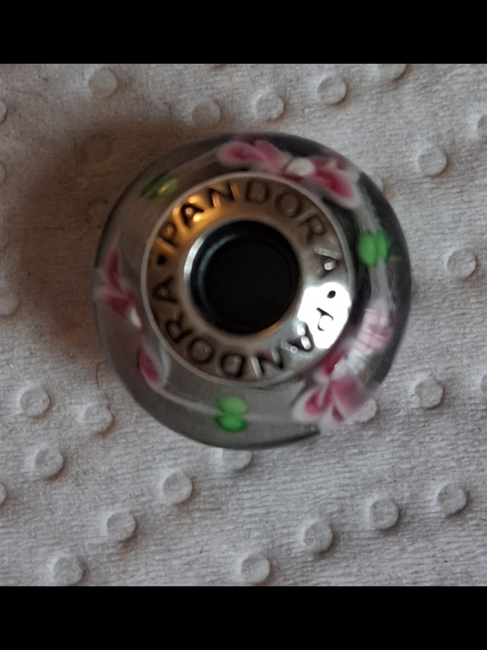 Pandora Clear Glass Charm with Pink Flower Accents and Green Dots